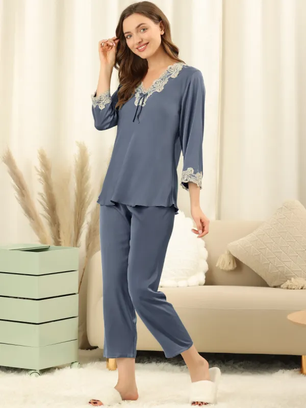 Satin Sleepwear Night Suit V Neck Lace Nightwear Lounge Pajama Set sold by Allegra K