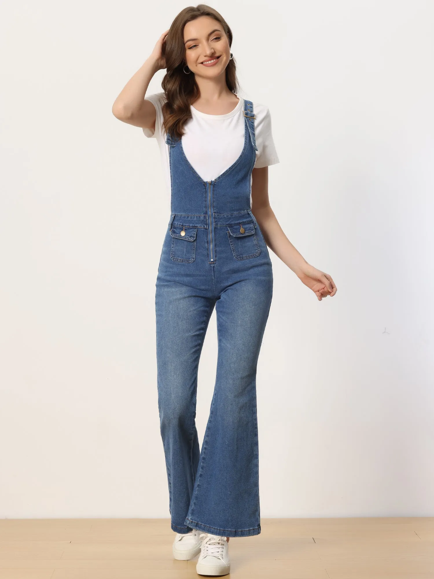 Casual Denim Jumpsuits V Neck Zip Up Bell Bottom Jeans Overall sold by Allegra K product image thumbnail 4