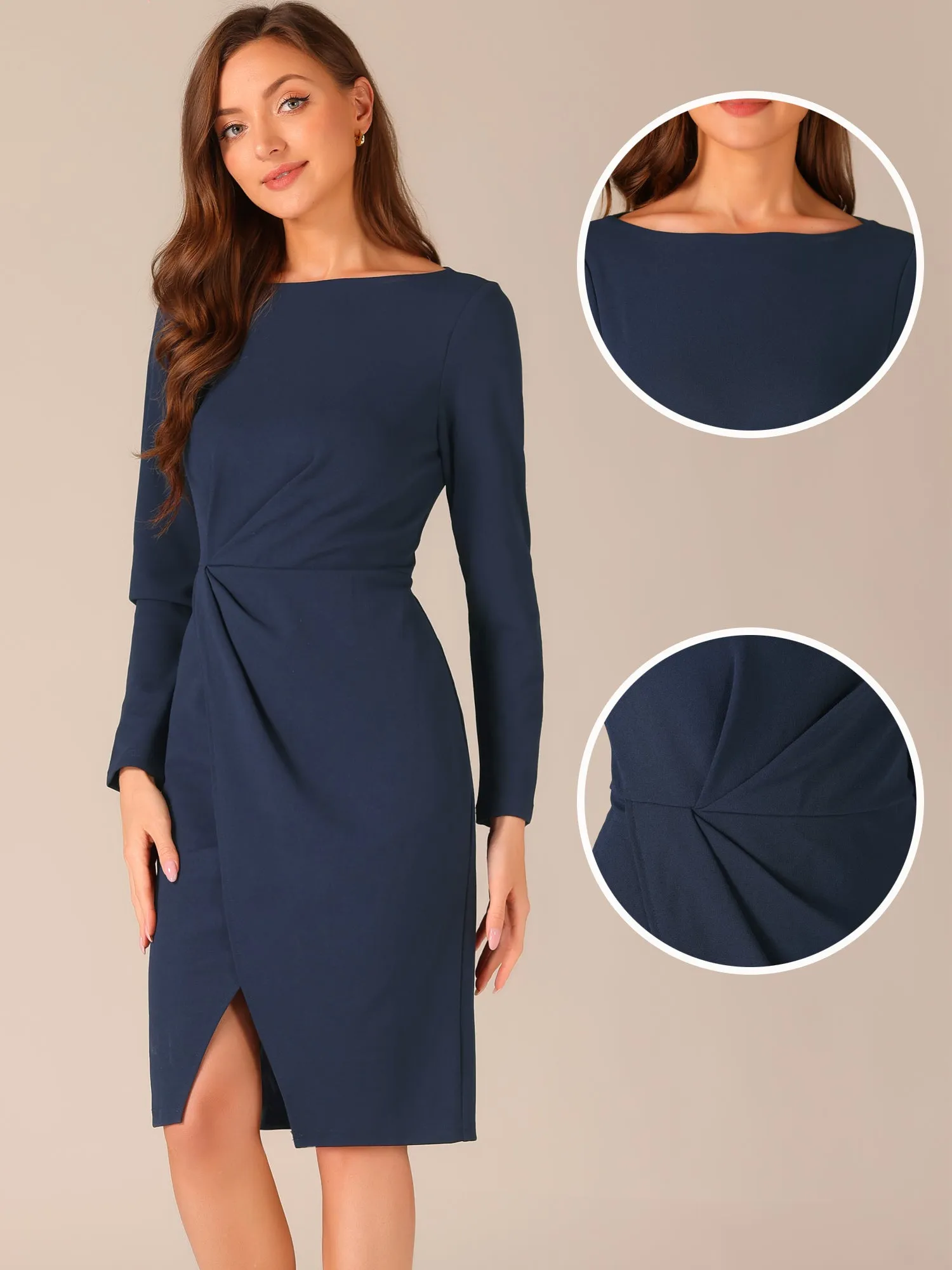 Boat Neck Long Sleeves Ruched Slit Sheath Midi Dress sold by Allegra K product image thumbnail 2
