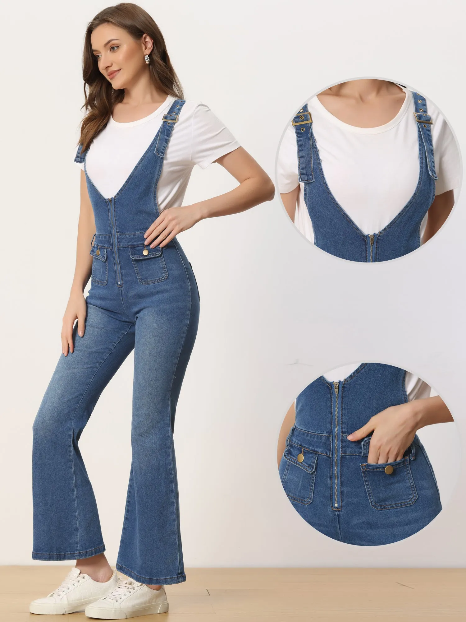 Casual Denim Jumpsuits V Neck Zip Up Bell Bottom Jeans Overall sold by Allegra K product image thumbnail 2