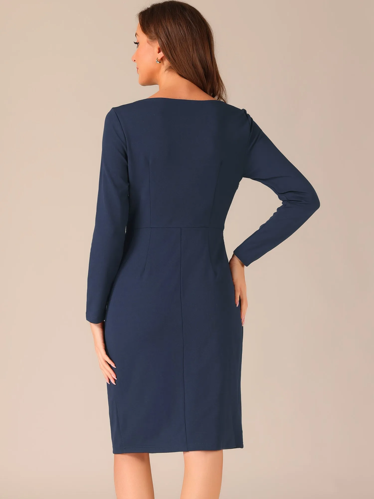 Boat Neck Long Sleeves Ruched Slit Sheath Midi Dress sold by Allegra K product image thumbnail 3
