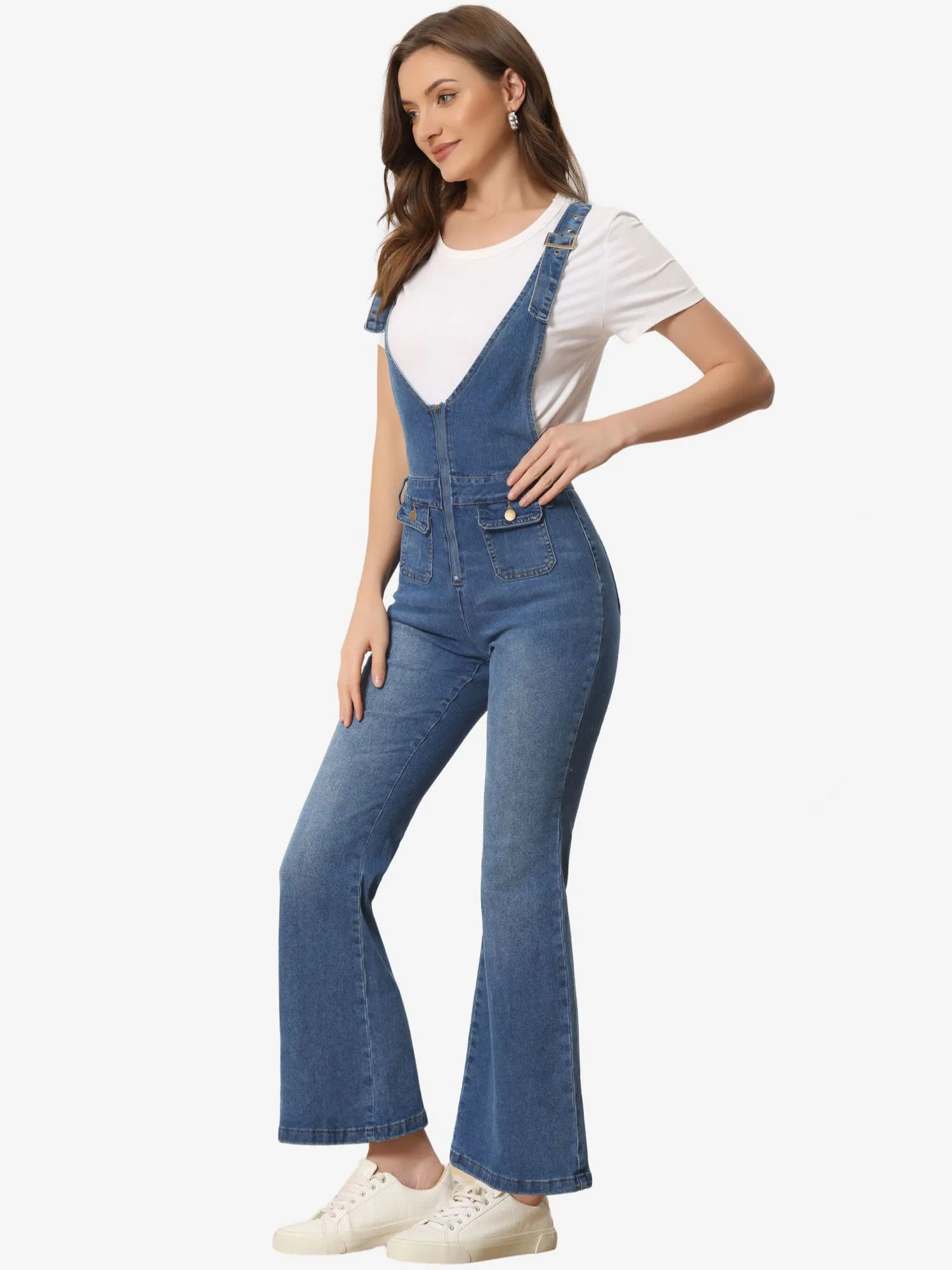 Casual Denim Jumpsuits V Neck Zip Up Bell Bottom Jeans Overall sold by Allegra K