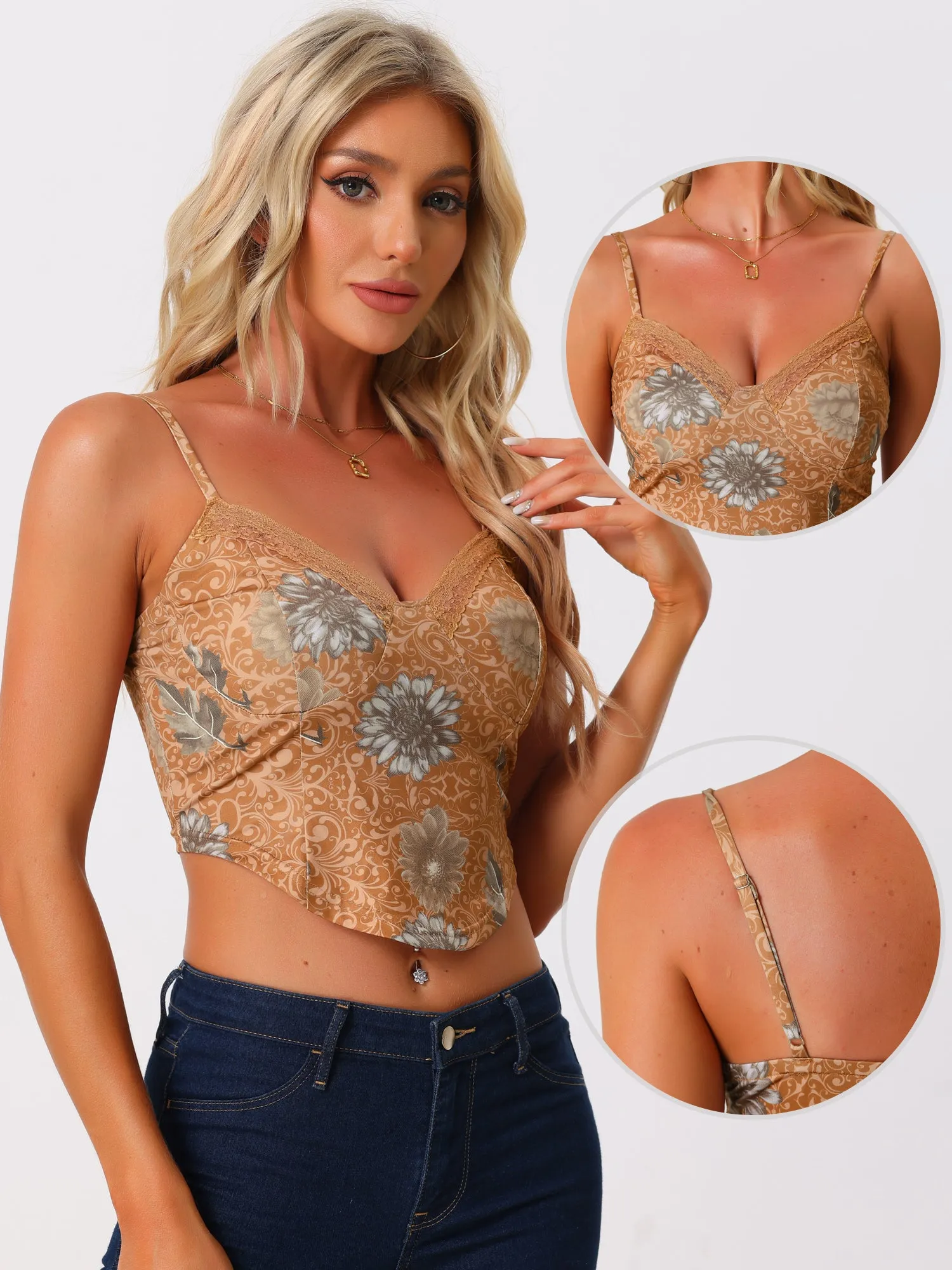 Retro Floral Print Mesh Lace Sleeveless Crop Cami Top sold by Allegra K product image thumbnail 2