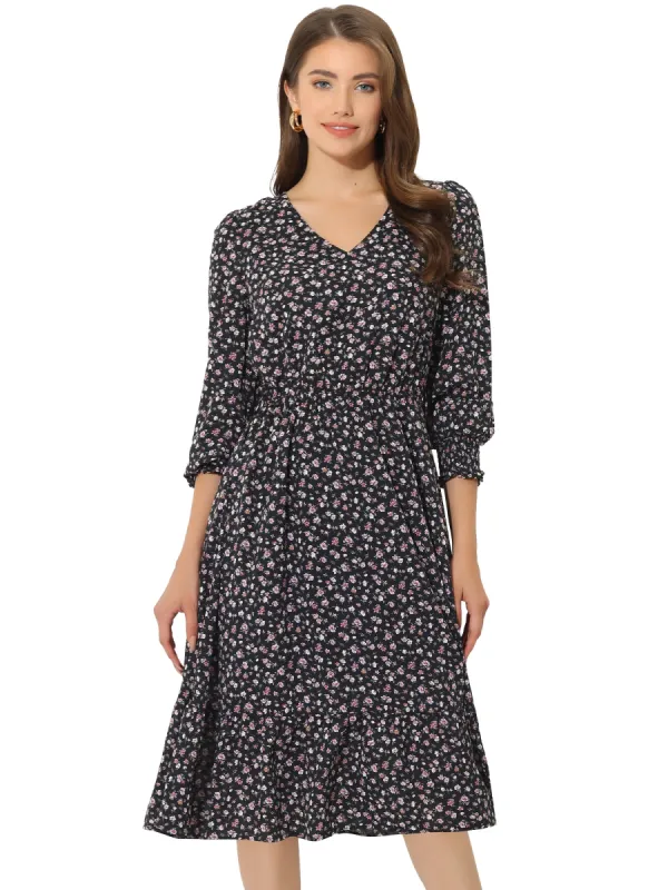 Floral V Neck Belt Waist Flowy Flare Chiffon Midi Dress sold by Allegra K