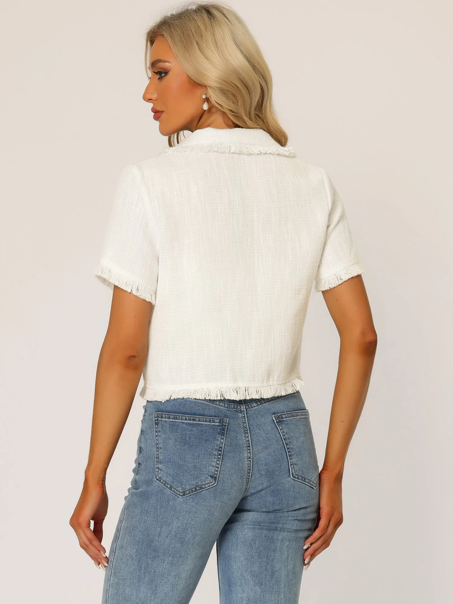 Tweed Tassel Cropped Length Summer Short Sleeve Shirt sold by Allegra K product image thumbnail 3