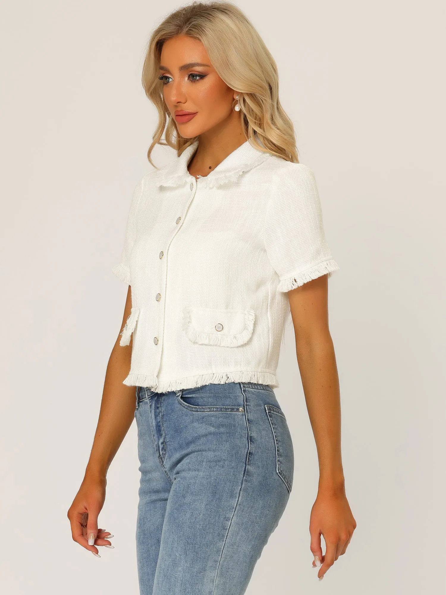 Tweed Tassel Cropped Length Summer Short Sleeve Shirt sold by Allegra K product image thumbnail 2