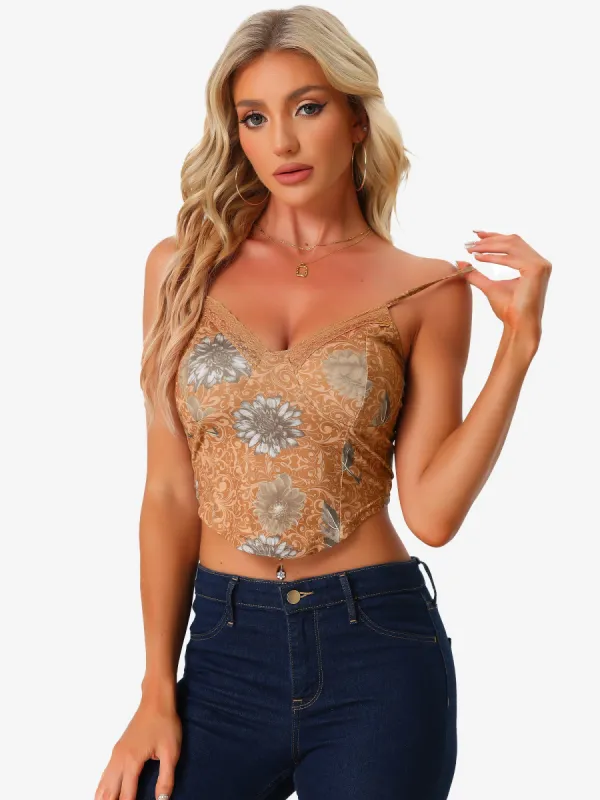 Retro Floral Print Mesh Lace Sleeveless Crop Cami Top sold by Allegra K