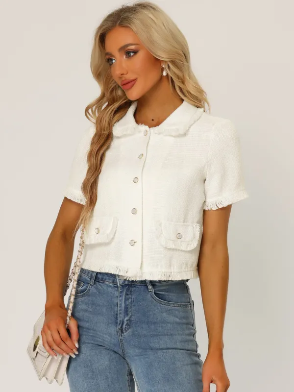 Tweed Tassel Cropped Length Summer Short Sleeve Shirt sold by Allegra K