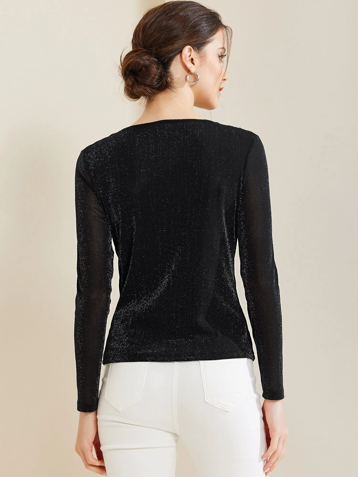Ruched Cowl Neck Long Sleeves Glitter Blouse sold by Allegra K product image thumbnail 3
