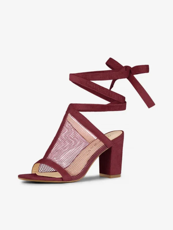 Faux Suede Mesh Block Heel Lace Up Ankle Sandals sold by Allegra K