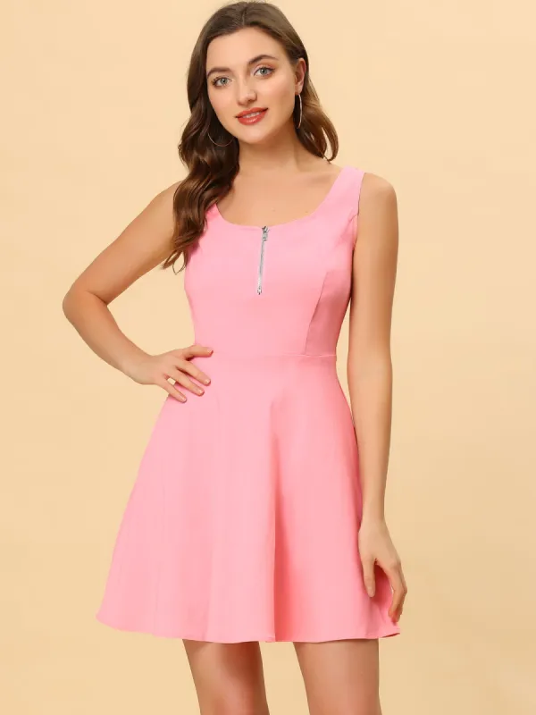 Wide Strap Scoop Neck A-Line Mini Front Zipper Sleeveless Dress sold by Allegra K