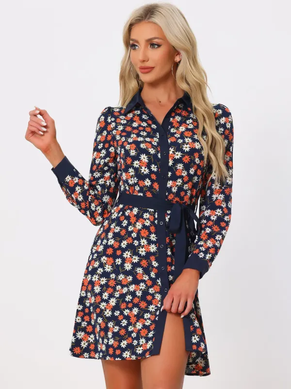 Contrast Collar Button Front Long Sleeve Floral Midi Shirt Dress sold by Allegra K
