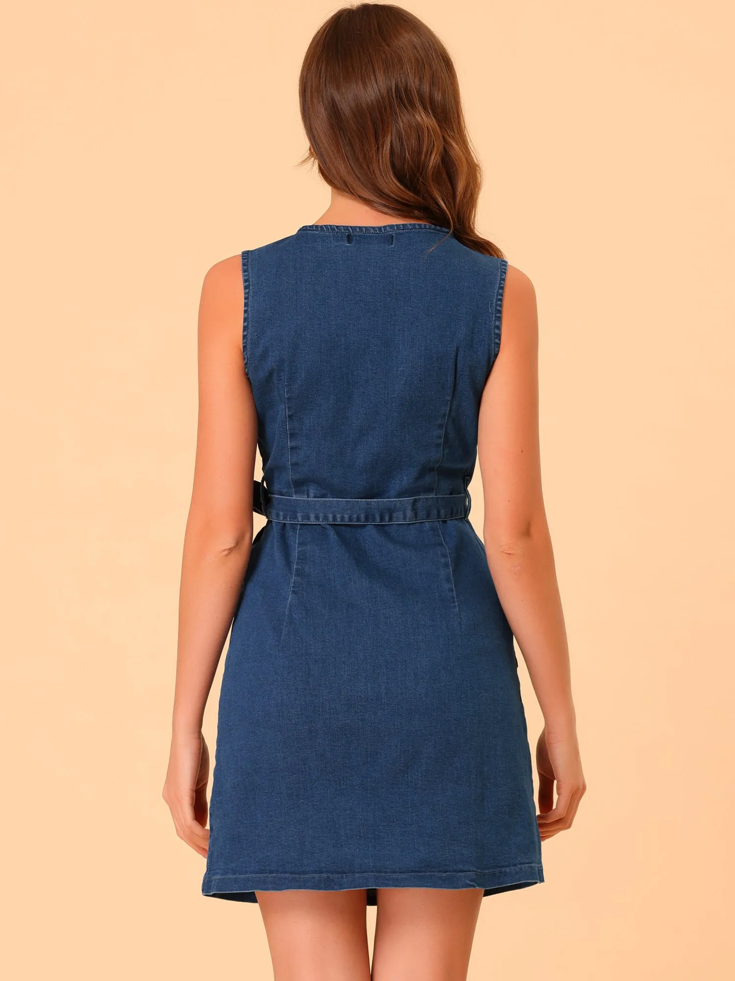 Casual Sleeveless Pockets V Neck Tie Waist Denim Dress sold by Allegra K product image thumbnail 5