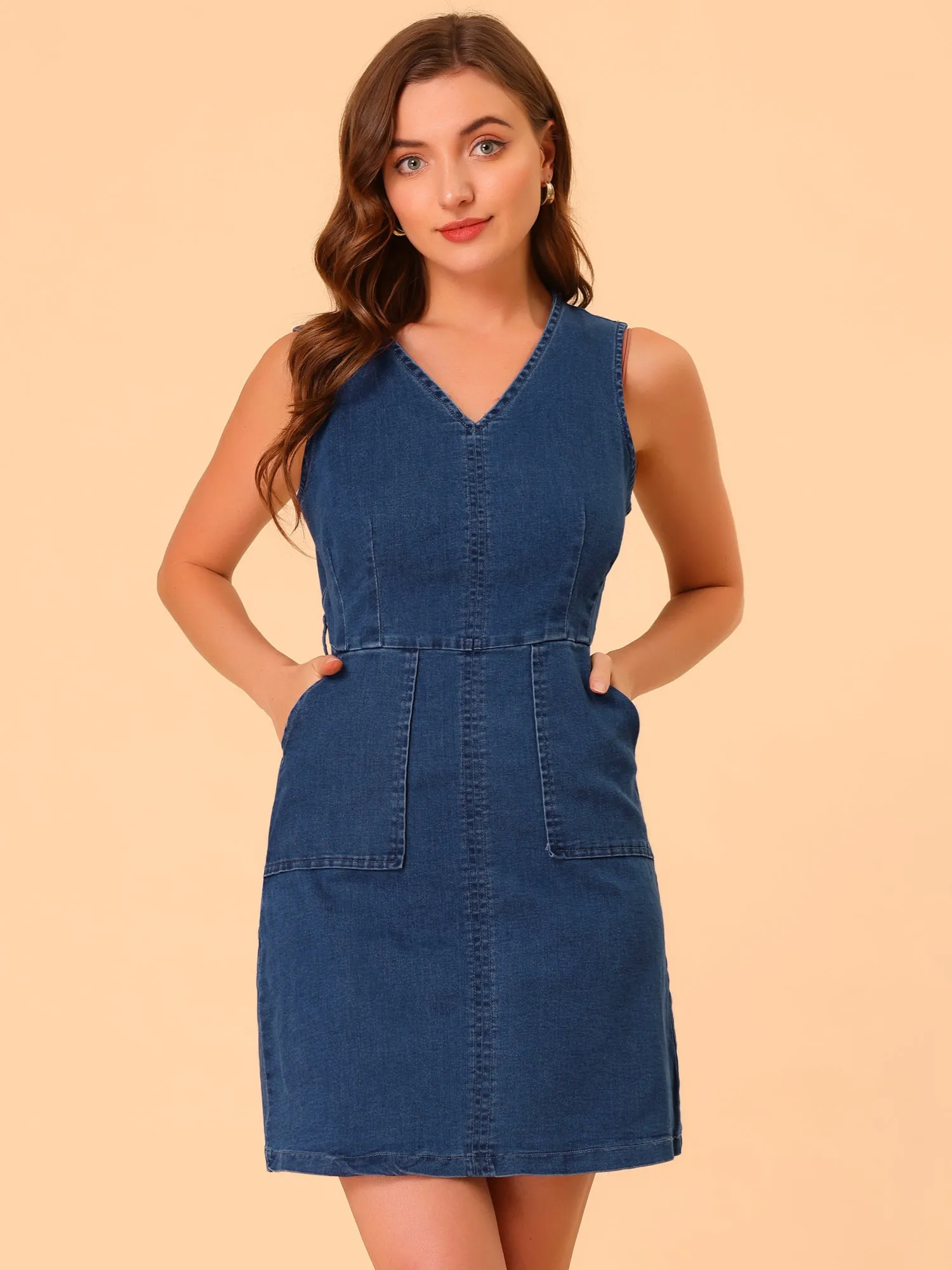 Casual Sleeveless Pockets V Neck Tie Waist Denim Dress sold by Allegra K