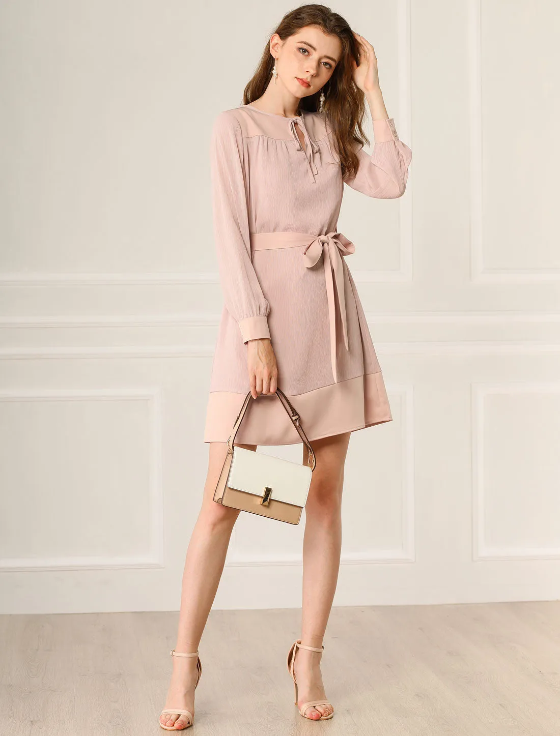 Long Sleeve Tie Neck Elegant A-Line Work Dress sold by Allegra K