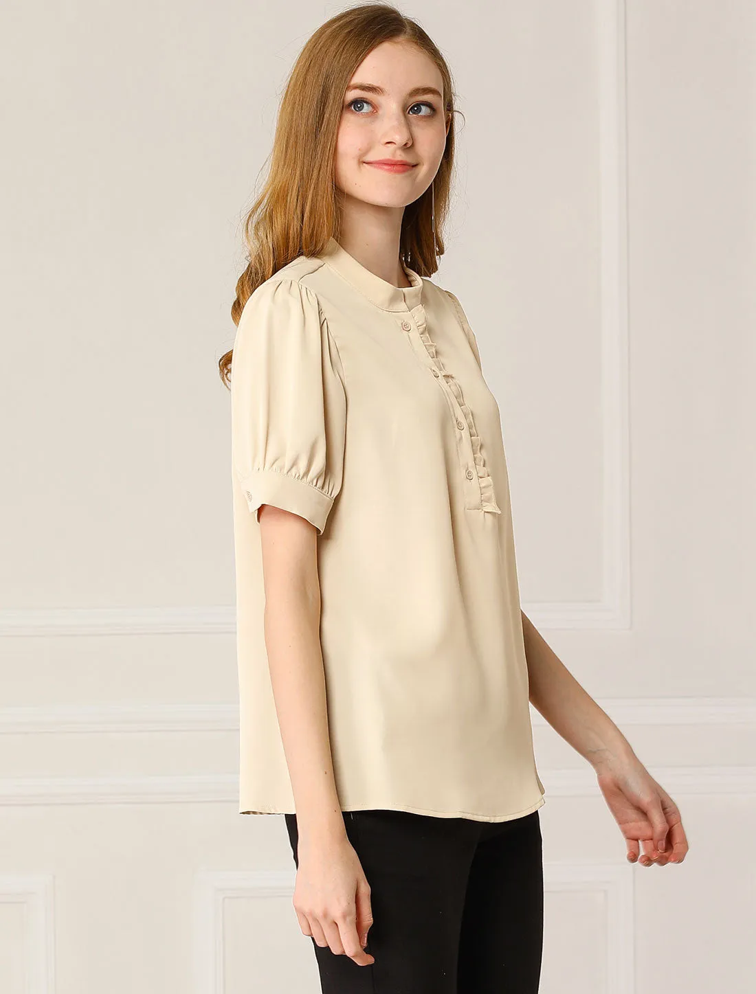 Work Office Top Puff Sleeve Half Placket Ruffled Shirt Blouse sold by Allegra K product image thumbnail 3
