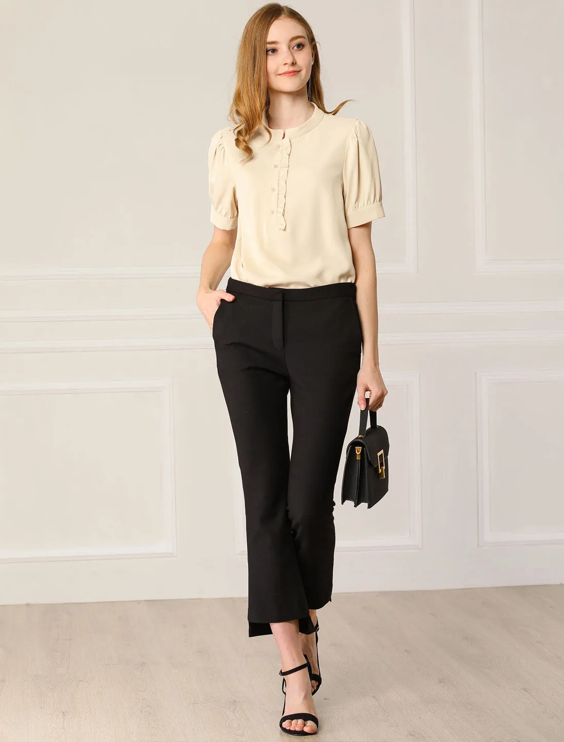 Work Office Top Puff Sleeve Half Placket Ruffled Shirt Blouse sold by Allegra K product image thumbnail 2