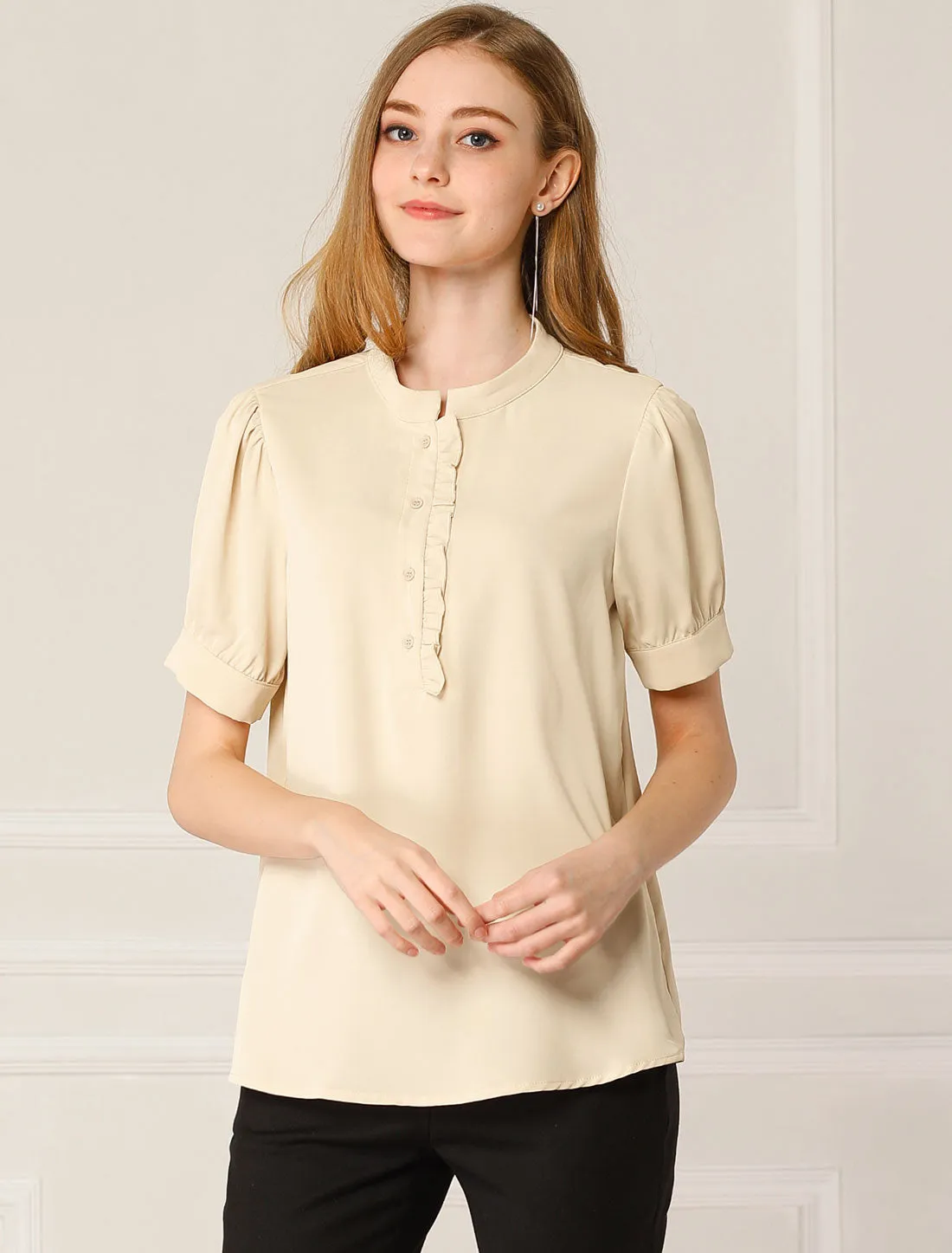 Work Office Top Puff Sleeve Half Placket Ruffled Shirt Blouse sold by Allegra K