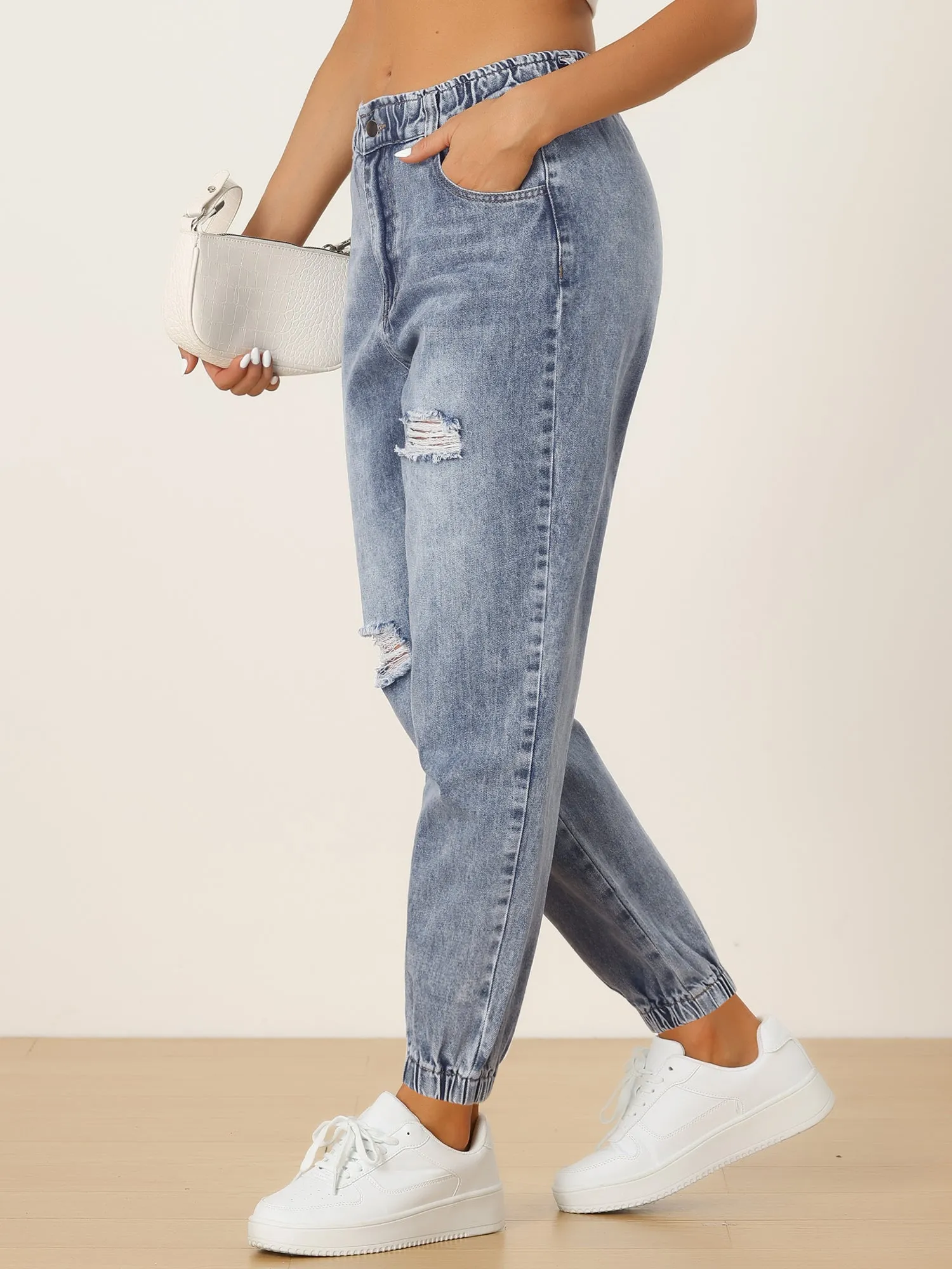 Casual Elastic Waist Distressed Denim Pants Ripped Jogger Jeans sold by Allegra K product image thumbnail 4