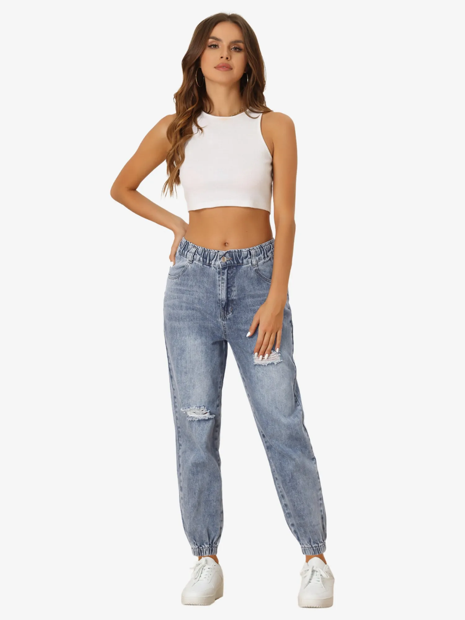 Casual Elastic Waist Distressed Denim Pants Ripped Jogger Jeans sold by Allegra K