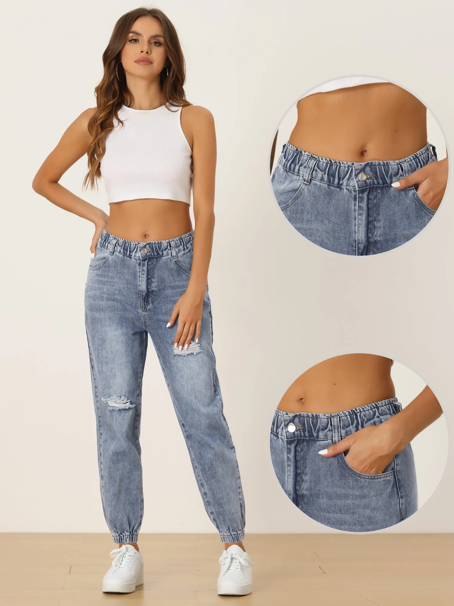 Casual Elastic Waist Distressed Denim Pants Ripped Jogger Jeans sold by Allegra K product image thumbnail 2