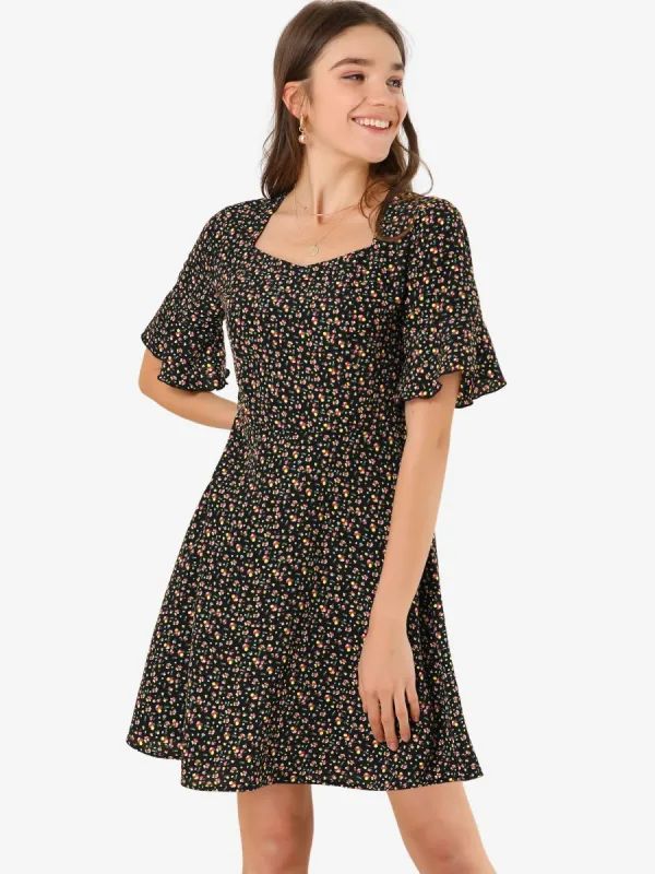 Summer Backless Smocked Waist Bell Short Sleeve Floral Dress sold by Allegra K