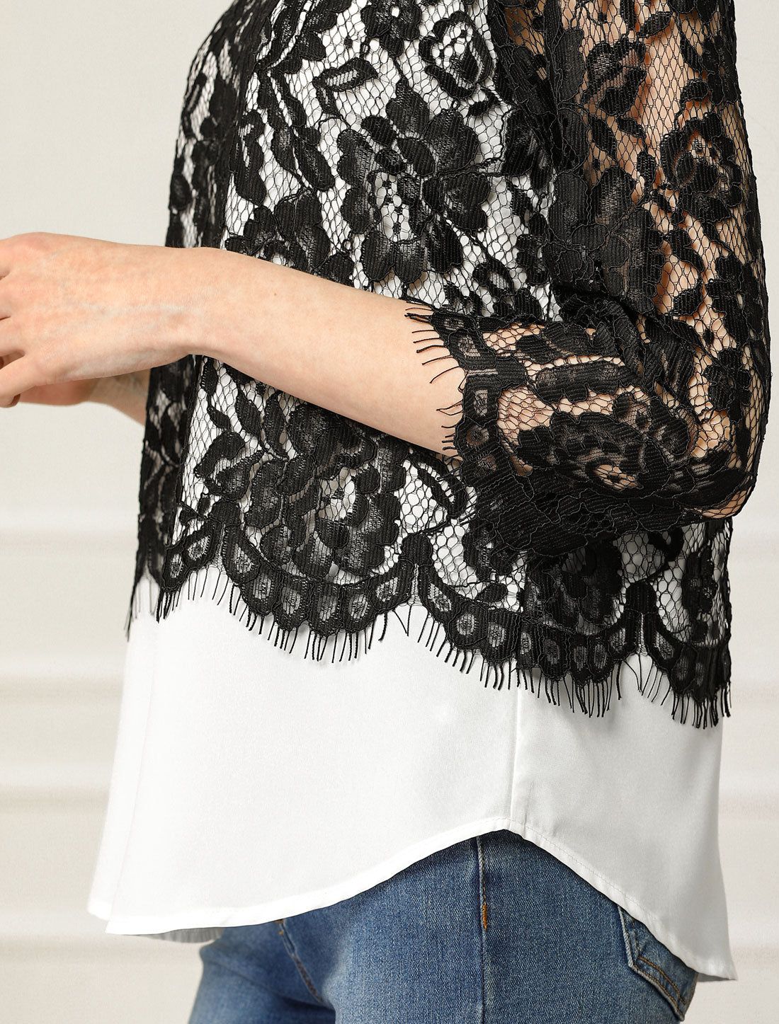 Lace Floral Trim Tops Ruffle Neck See-Through Blouse sold by Allegra K product image thumbnail 5