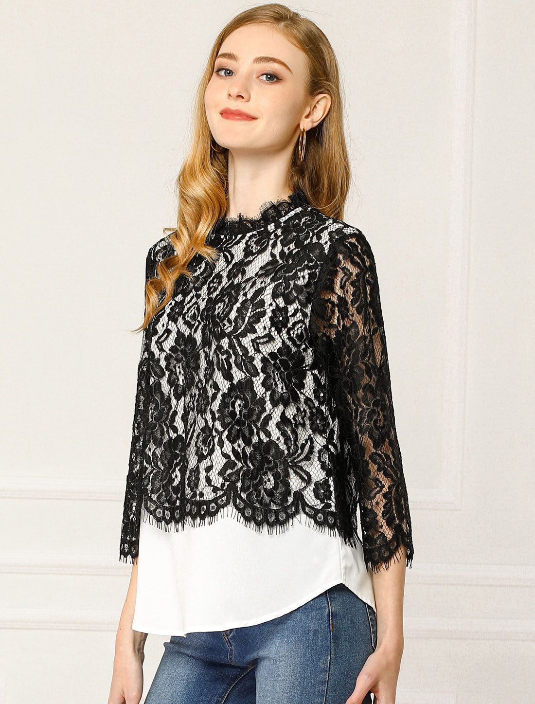 Lace Floral Trim Tops Ruffle Neck See-Through Blouse sold by Allegra K