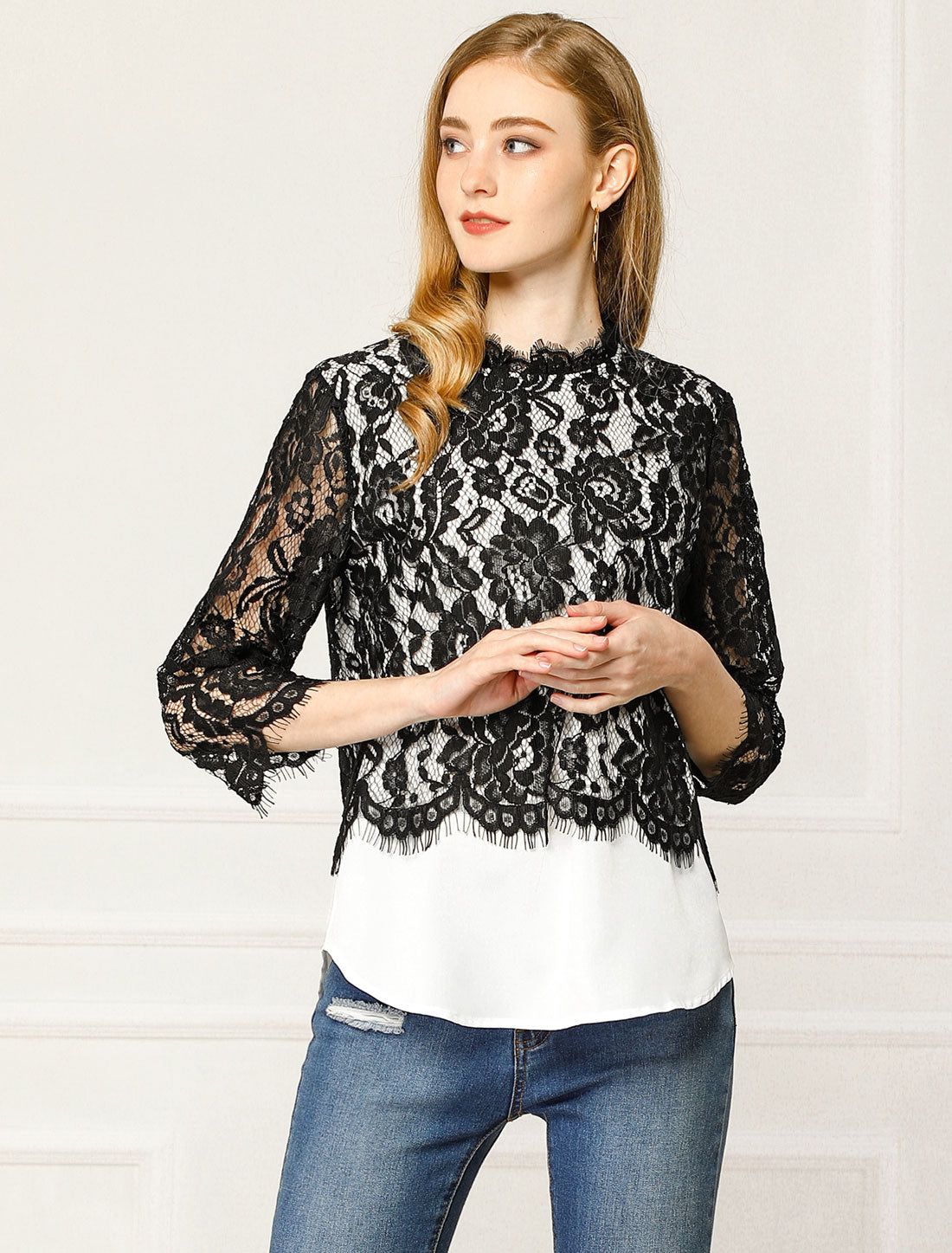 Lace Floral Trim Tops Ruffle Neck See-Through Blouse sold by Allegra K product image thumbnail 2