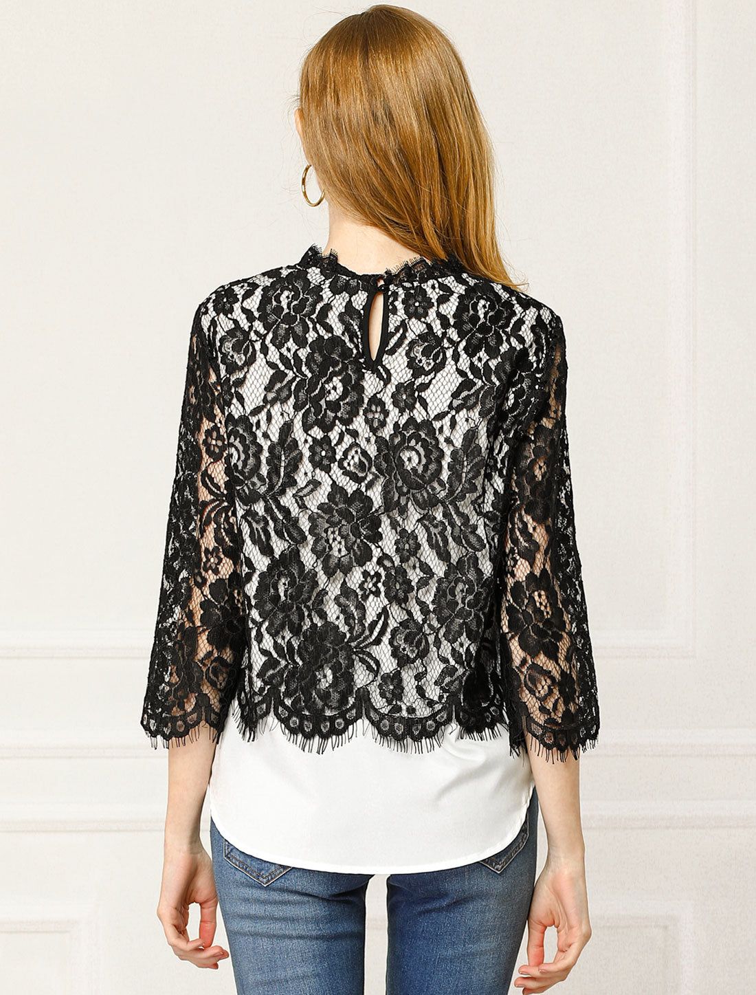 Lace Floral Trim Tops Ruffle Neck See-Through Blouse sold by Allegra K product image thumbnail 4