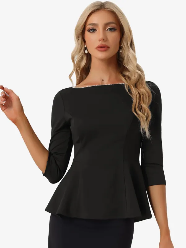 Peplum Top Round Neck Pearl Decor 3/4 Sleeve Elegant Blouse sold by Allegra K