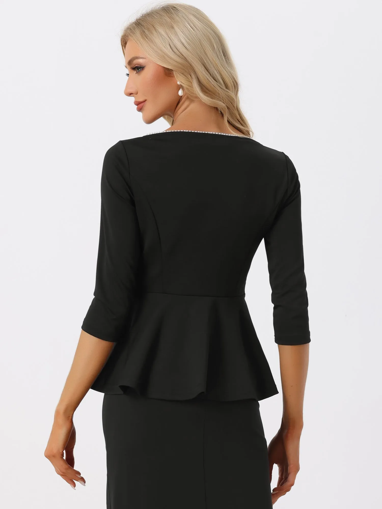 Peplum Top Round Neck Pearl Decor 3/4 Sleeve Elegant Blouse sold by Allegra K product image thumbnail 3