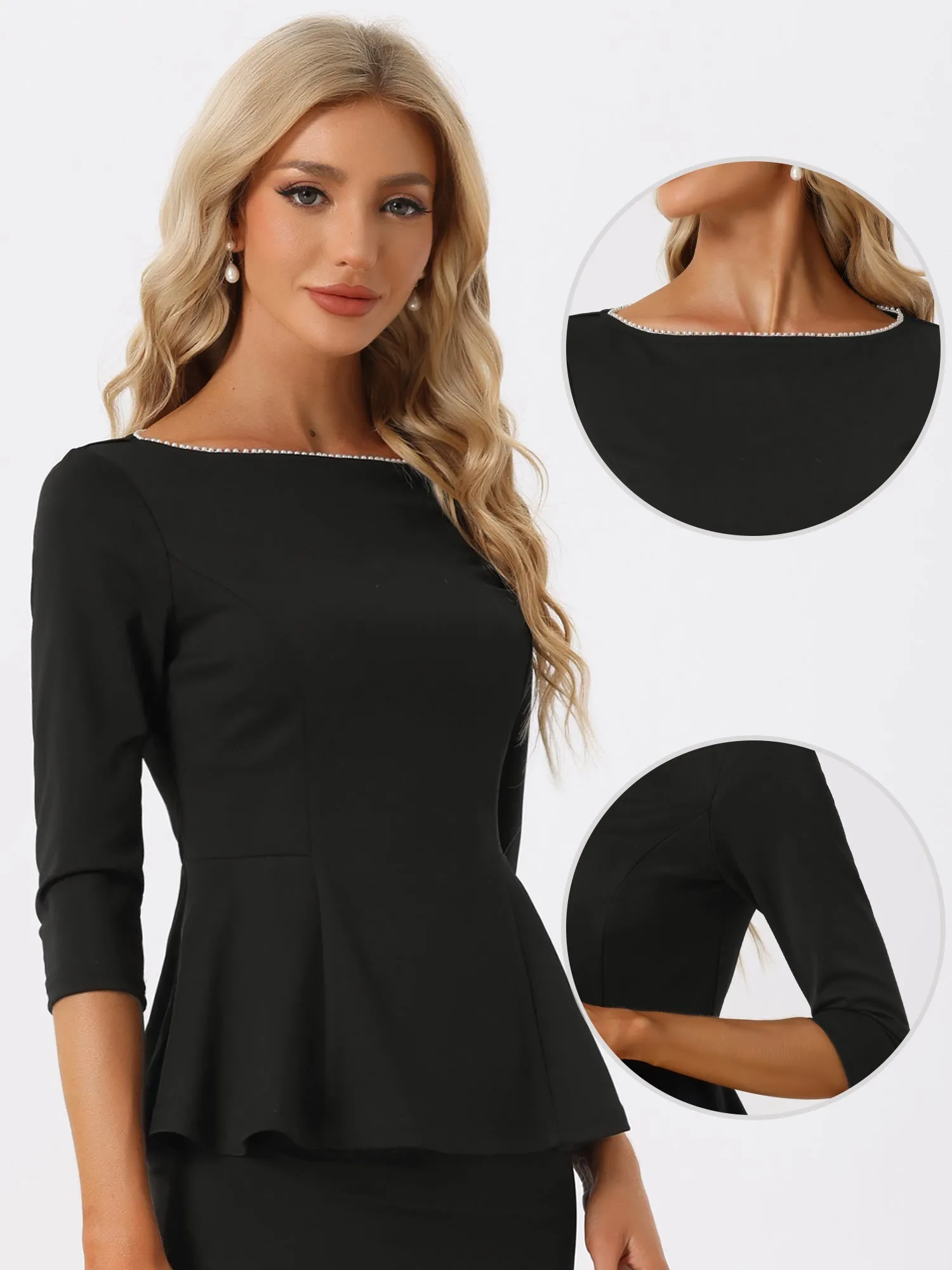 Peplum Top Round Neck Pearl Decor 3/4 Sleeve Elegant Blouse sold by Allegra K product image thumbnail 2