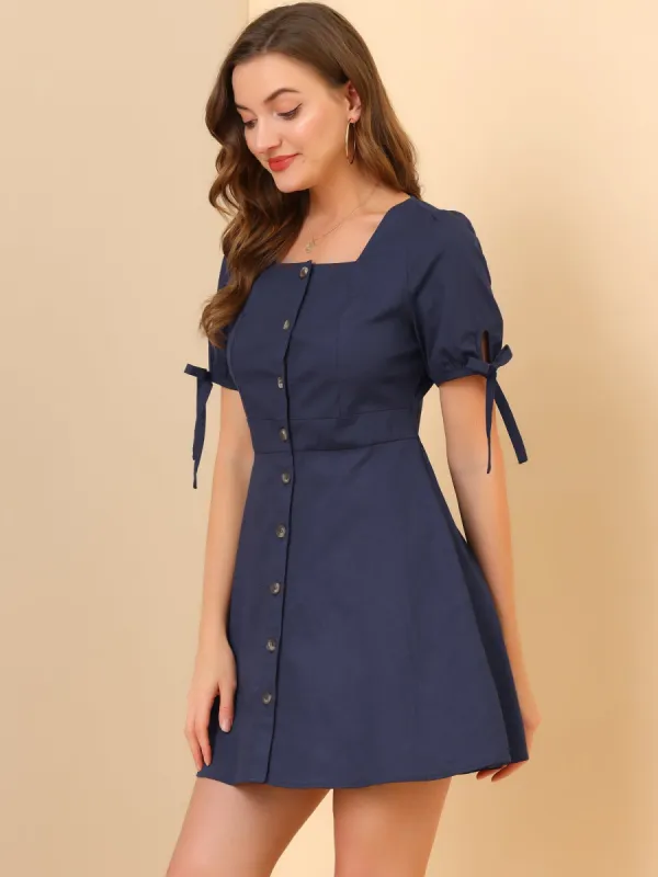 Square Neck Single Breasted Puff Sleeve A-Line Shirt Dress sold by Allegra K