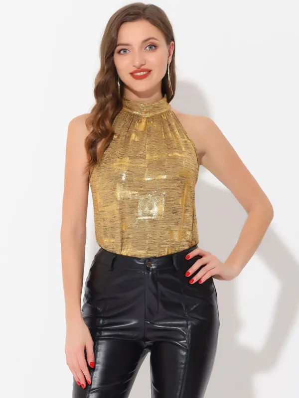 Sparkle Metallic Sleeveless Halter Party Club Blouse sold by Allegra K