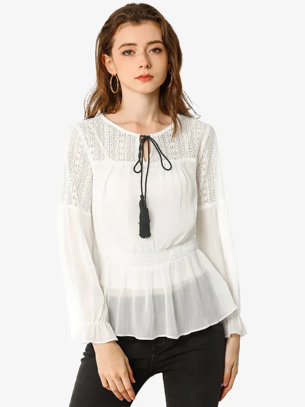 Lace Panel Tie Neck Crochet Peasant Smocked Waist Peplum Top sold by Allegra K