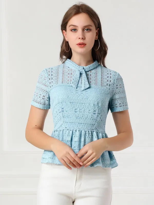 Short Sleeve Tie Neck Keyhole Back Semi Sheer Lace Peplum Blouse sold by Allegra K