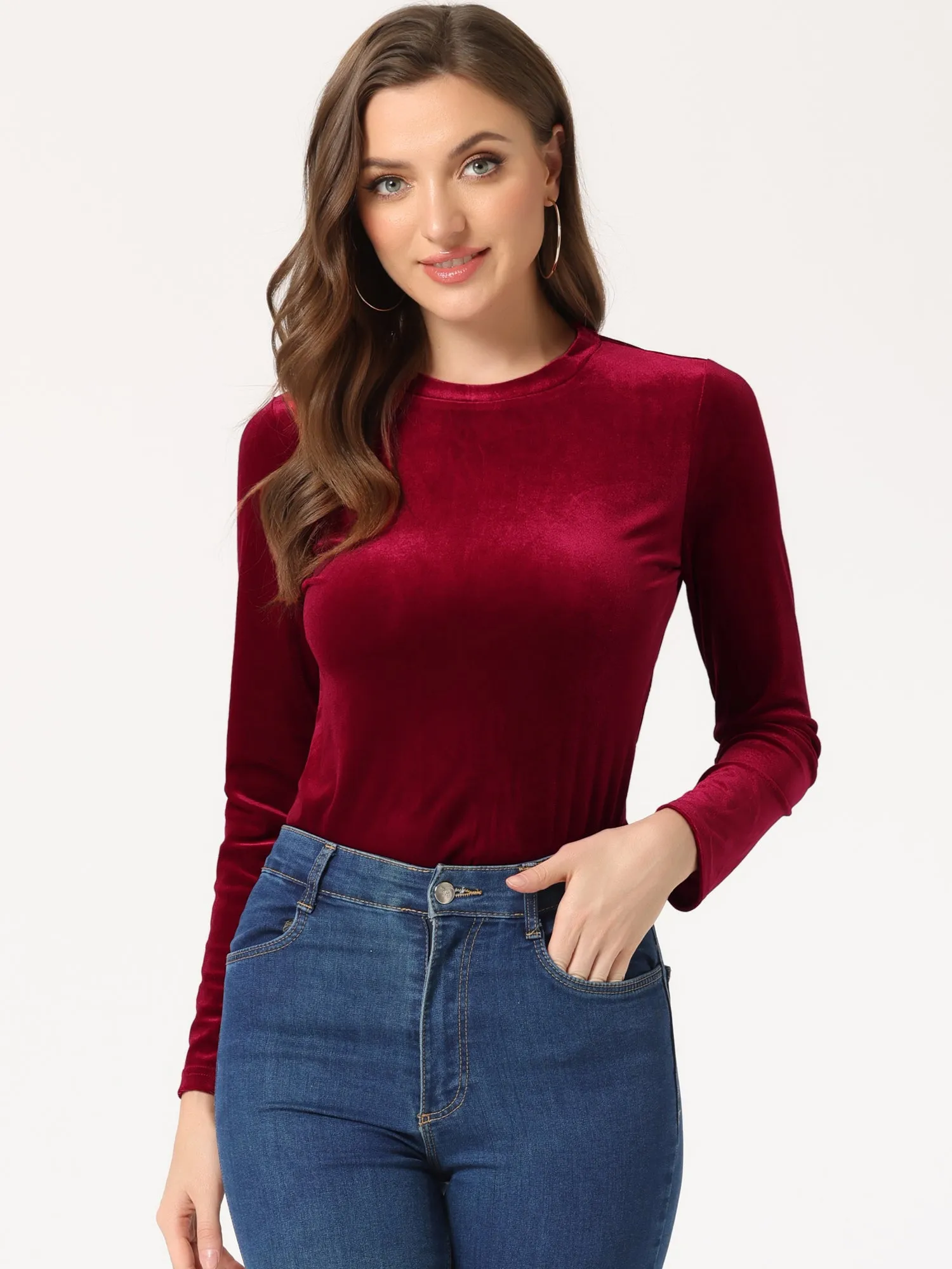 Casual Round Neck Stretchy Long Sleeve Velvet Solid Blouse sold by Allegra K
