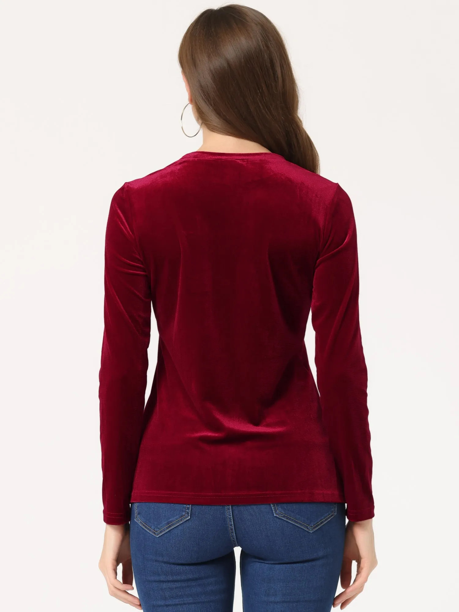 Casual Round Neck Stretchy Long Sleeve Velvet Solid Blouse sold by Allegra K product image thumbnail 3