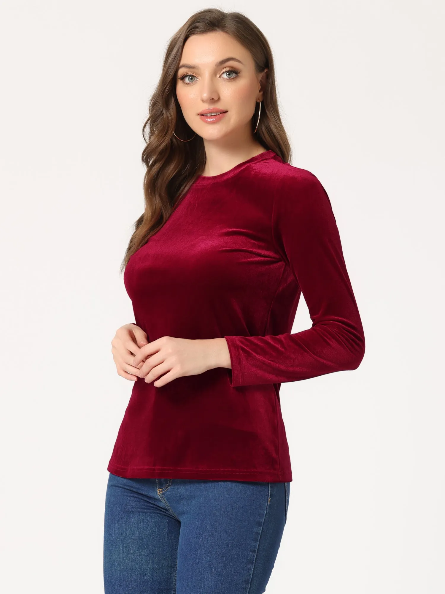 Casual Round Neck Stretchy Long Sleeve Velvet Solid Blouse sold by Allegra K product image thumbnail 2