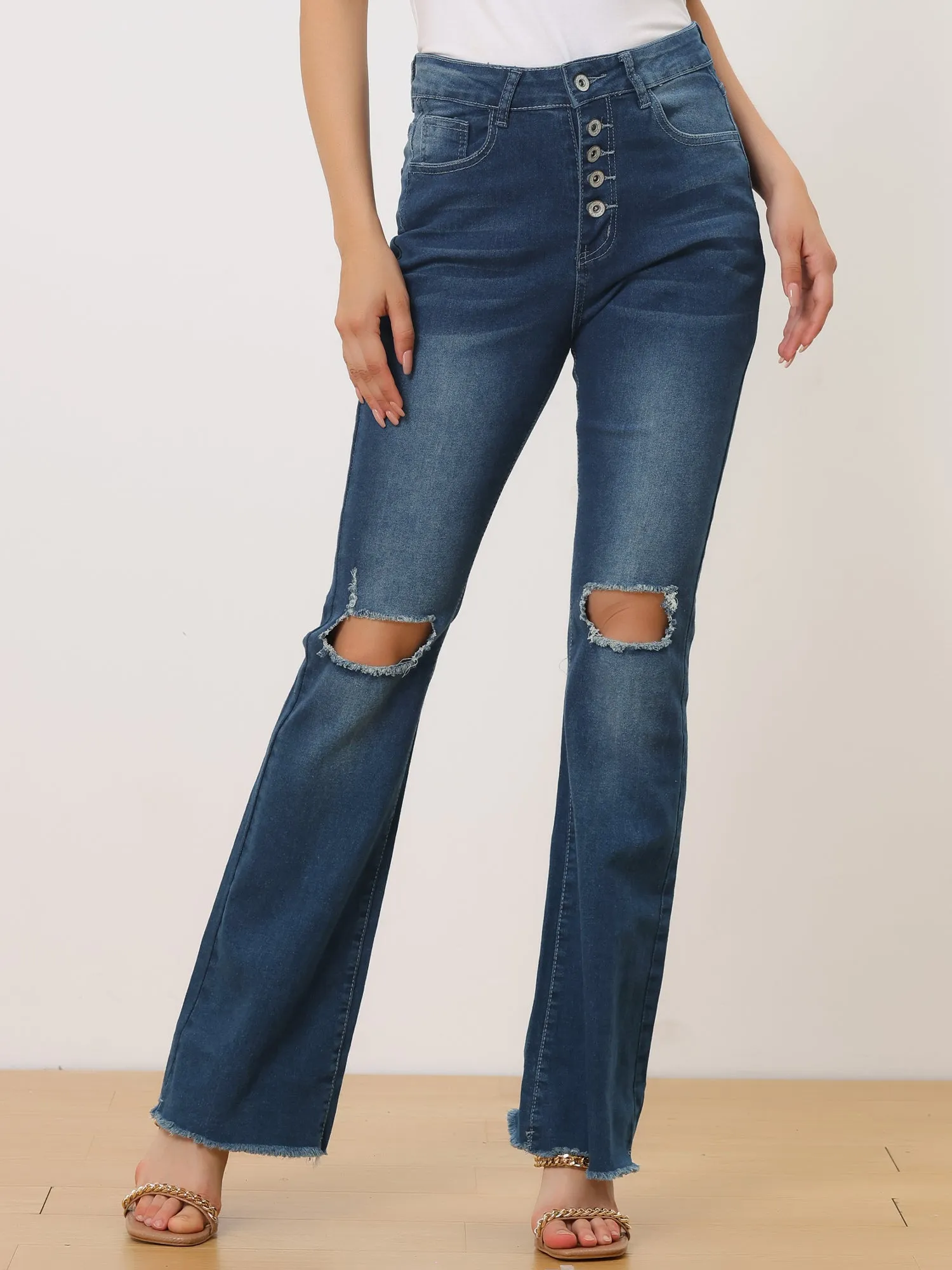 High Waist Button Up Ripped Flare Jeans Fitted Denim Bell Pants sold by Allegra K