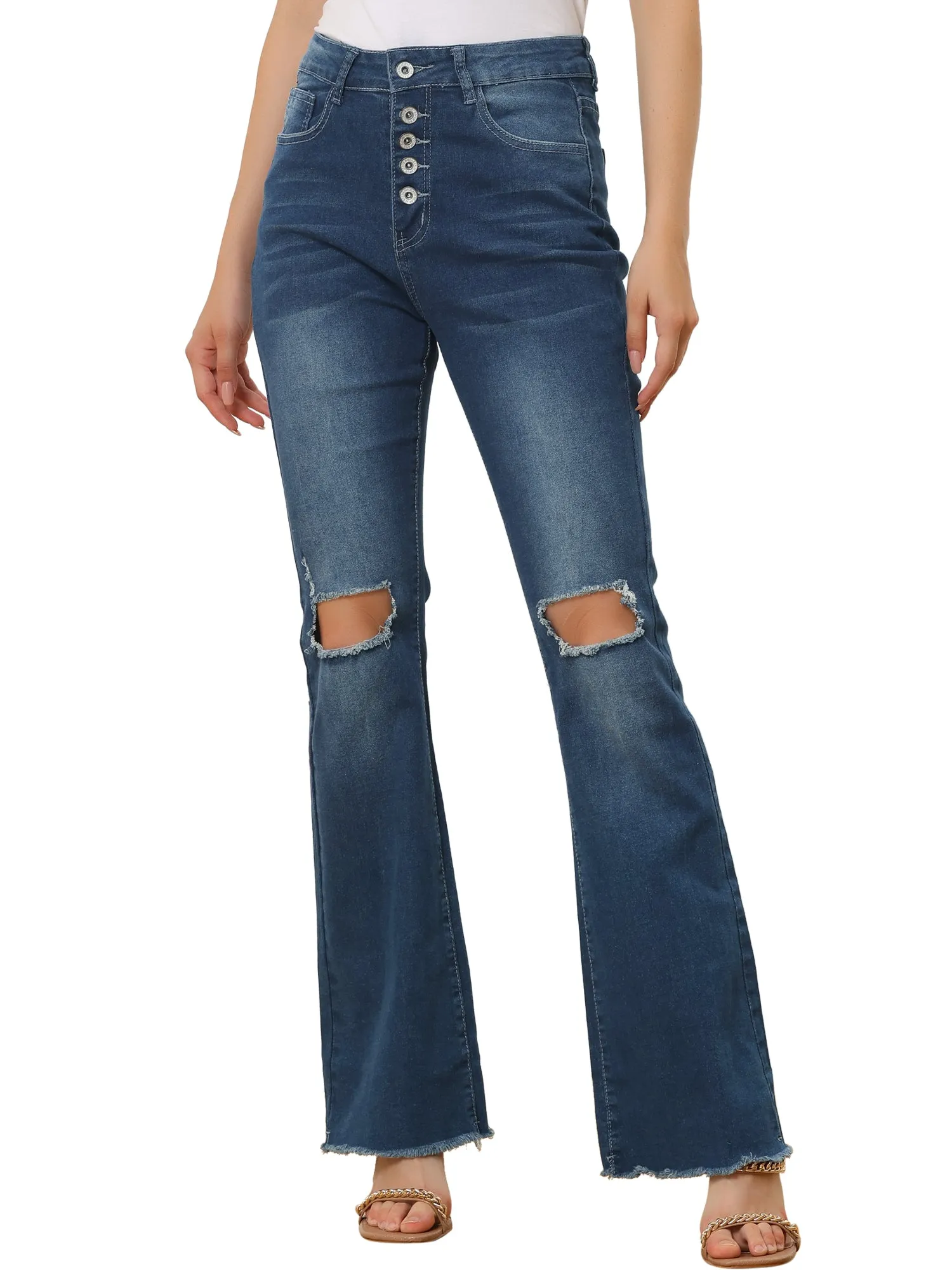 High Waist Button Up Ripped Flare Jeans Fitted Denim Bell Pants sold by Allegra K product image thumbnail 5