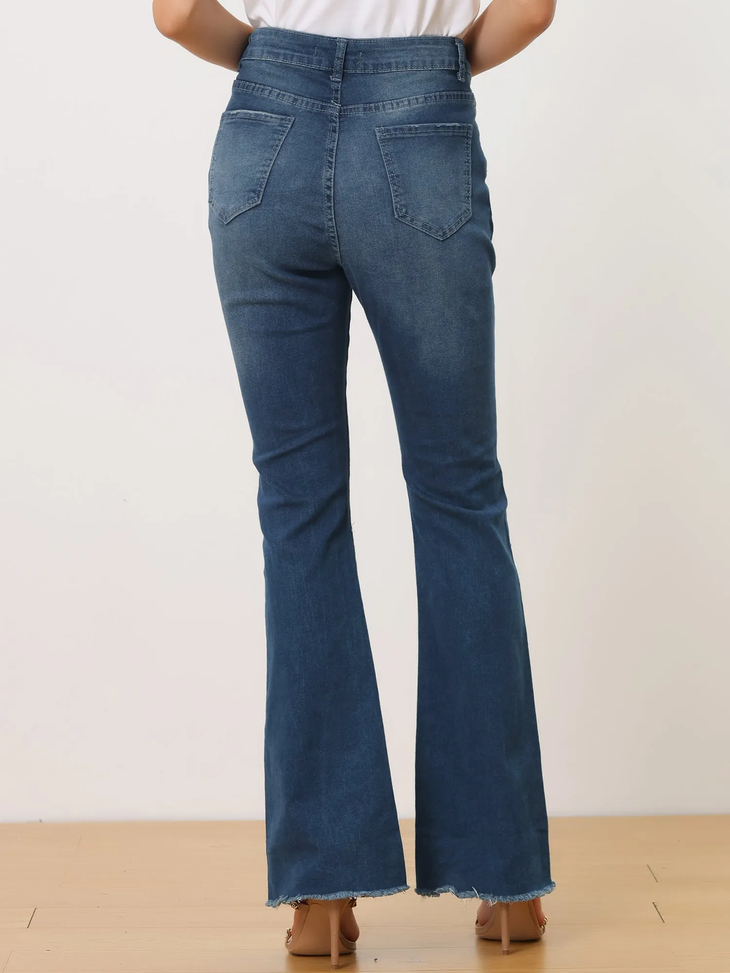 High Waist Button Up Ripped Flare Jeans Fitted Denim Bell Pants sold by Allegra K product image thumbnail 4