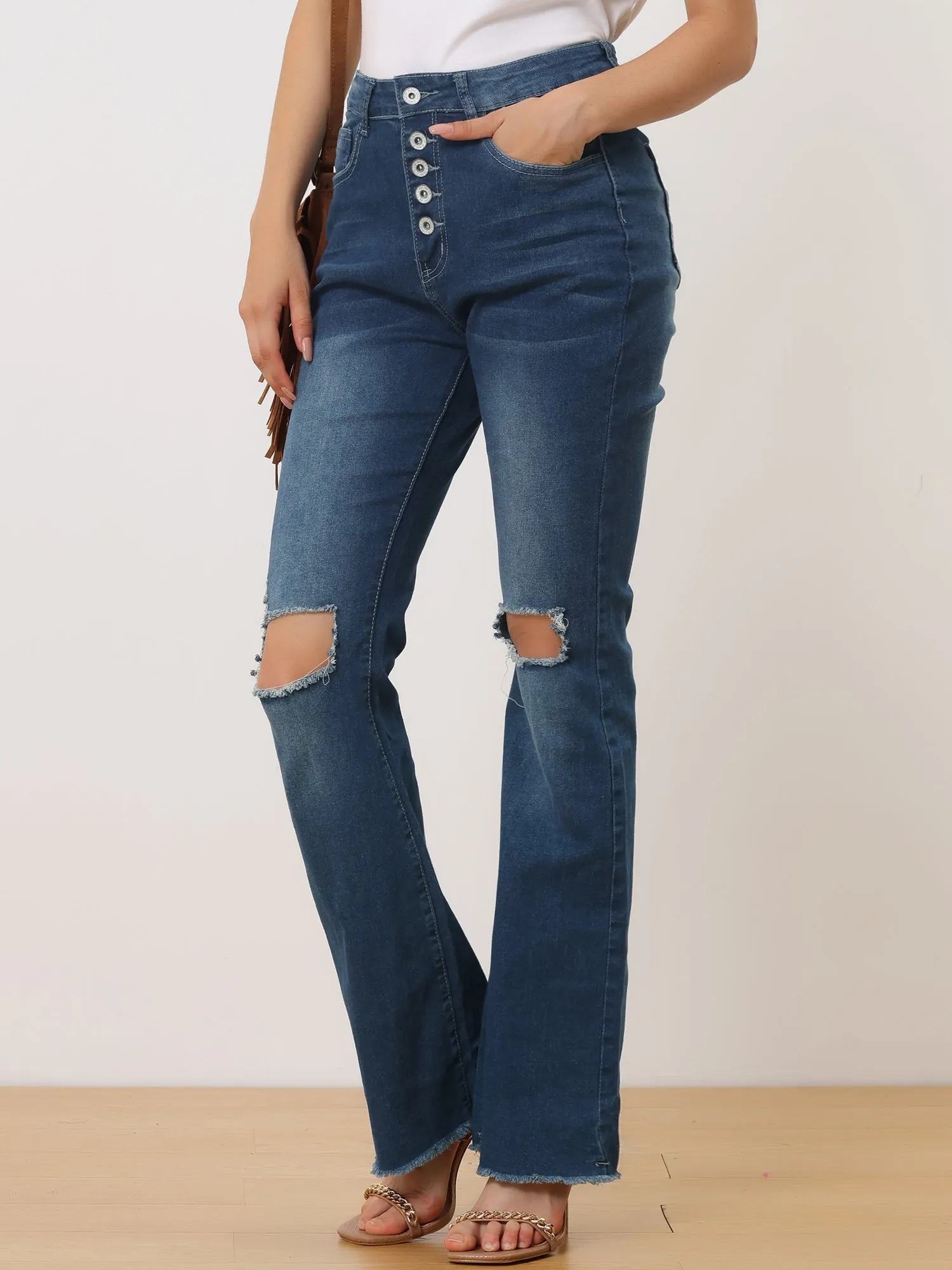 High Waist Button Up Ripped Flare Jeans Fitted Denim Bell Pants sold by Allegra K product image thumbnail 2