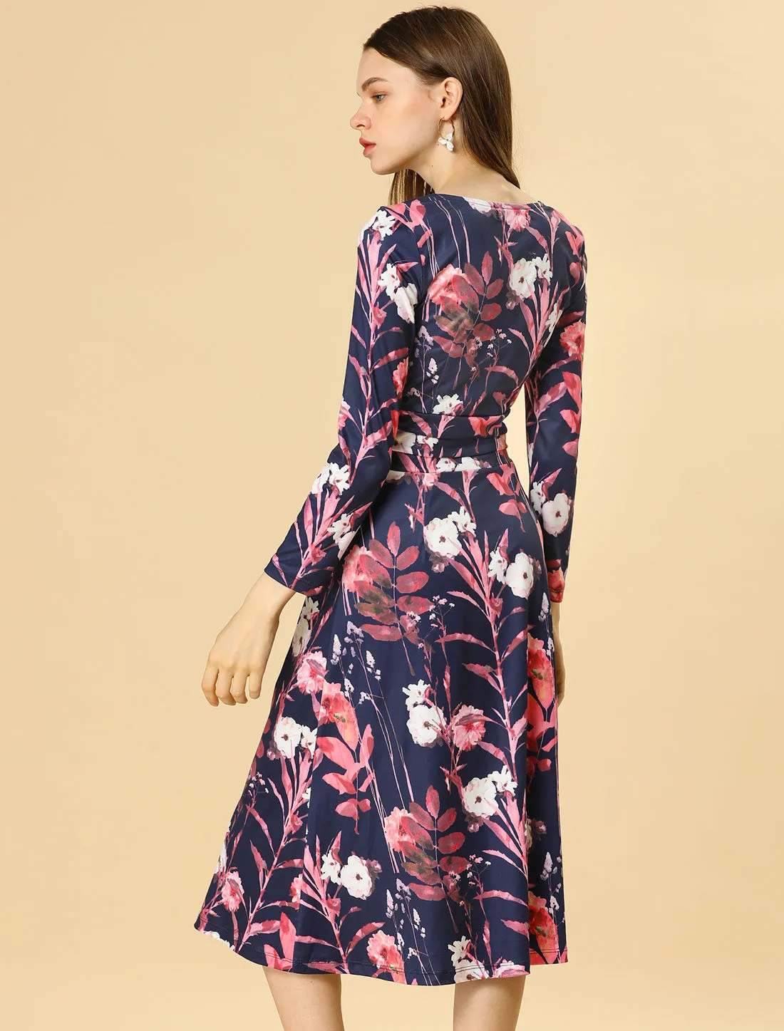 Floral V Neck Wrap Pleated Waist A-line Fit and Flare Dress sold by Allegra K product image thumbnail 5