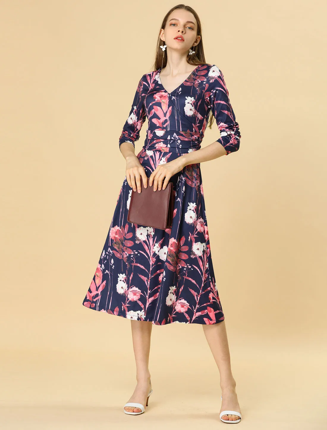 Floral V Neck Wrap Pleated Waist A-line Fit and Flare Dress sold by Allegra K product image thumbnail 4