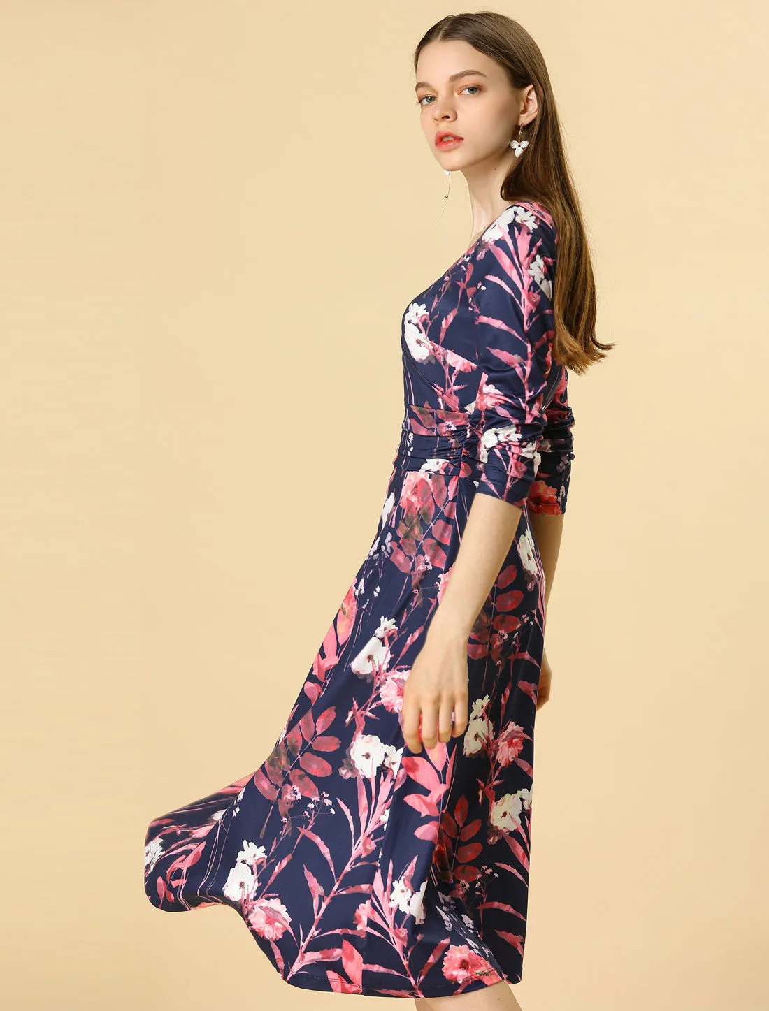 Floral V Neck Wrap Pleated Waist A-line Fit and Flare Dress sold by Allegra K product image thumbnail 3
