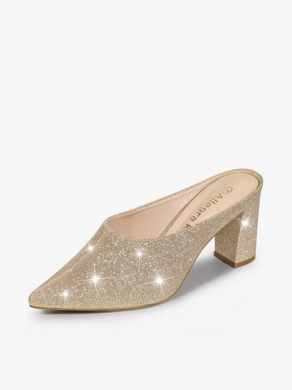 Women's Glitter Pointed Toe Slip on Chunky Heels Slide Mules sold by Allegra K