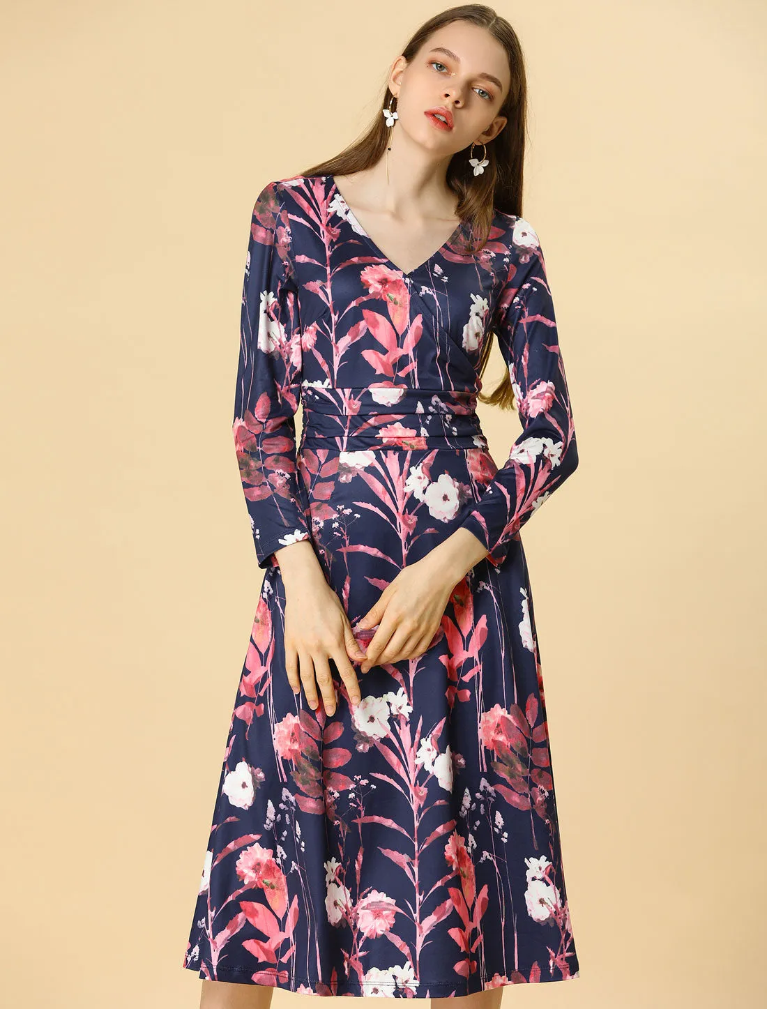 Floral V Neck Wrap Pleated Waist A-line Fit and Flare Dress sold by Allegra K product image thumbnail 2