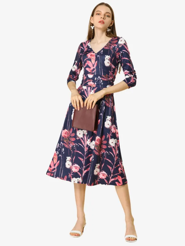 Floral V Neck Wrap Pleated Waist A-line Fit and Flare Dress sold by Allegra K